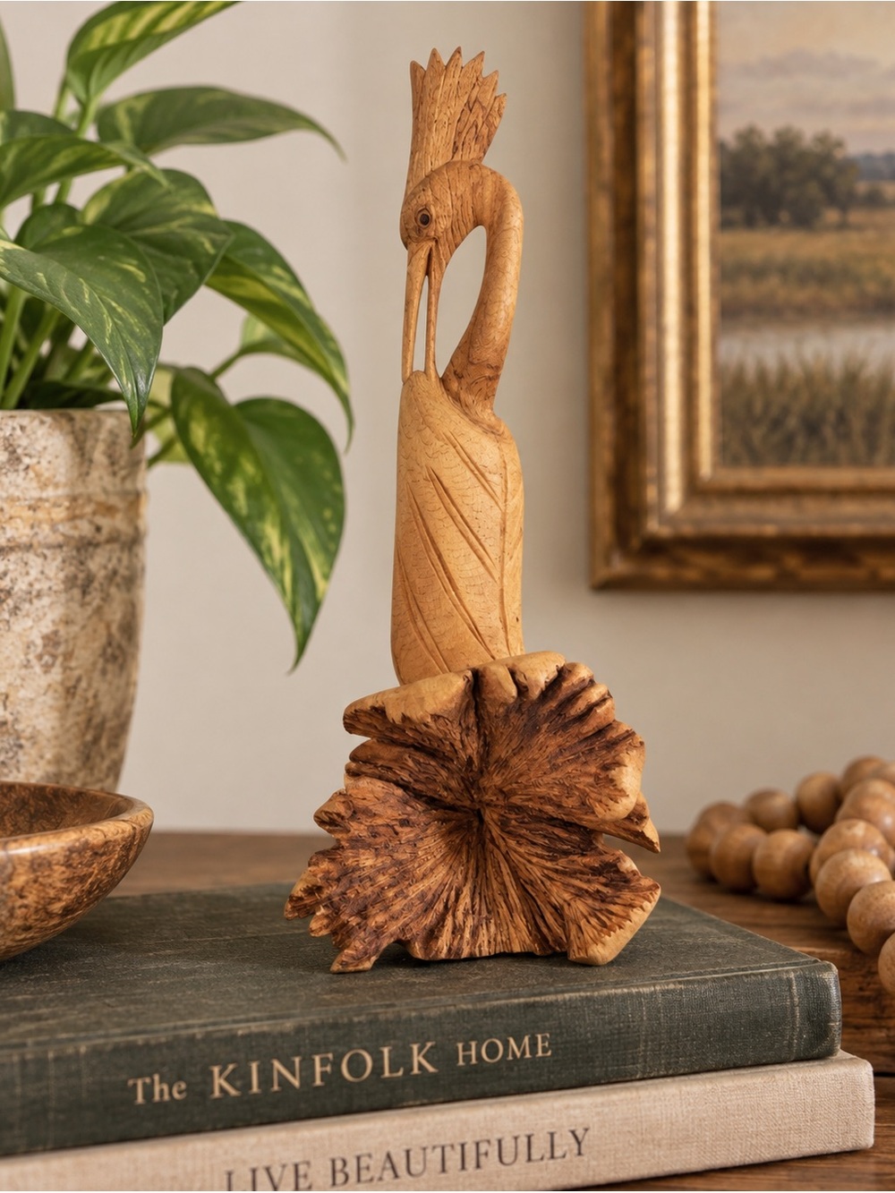 1930’s Handcrafted Root Wood Heron Sculpture in Natural Brown, stunning